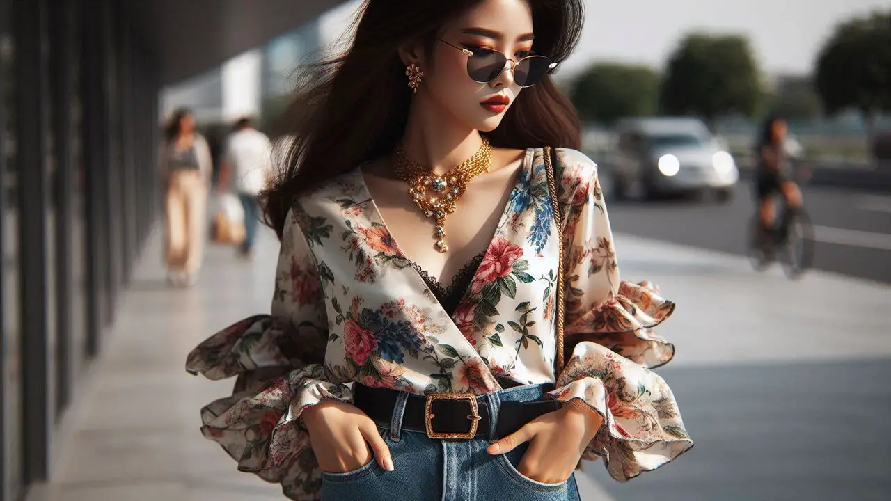 A Floral Blouse With Tapered Jeans