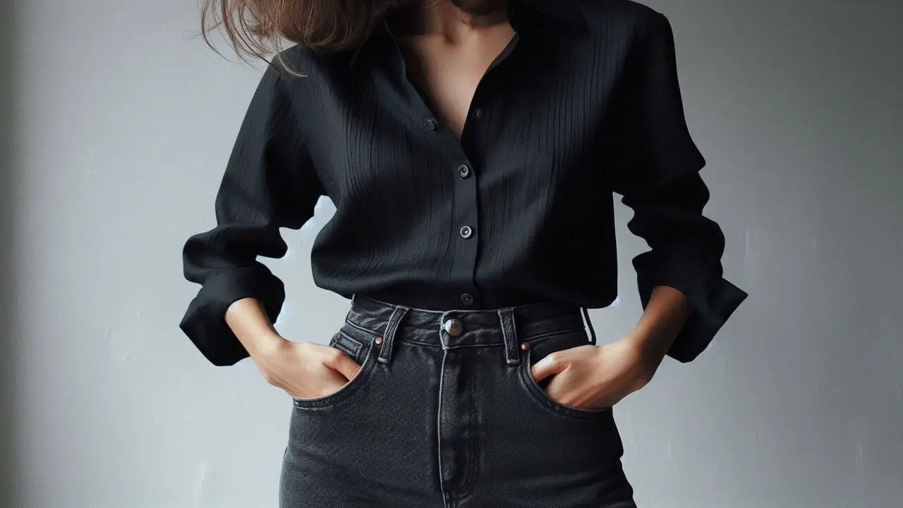 A Tucked-In Black Blouse With Tapered Jeans