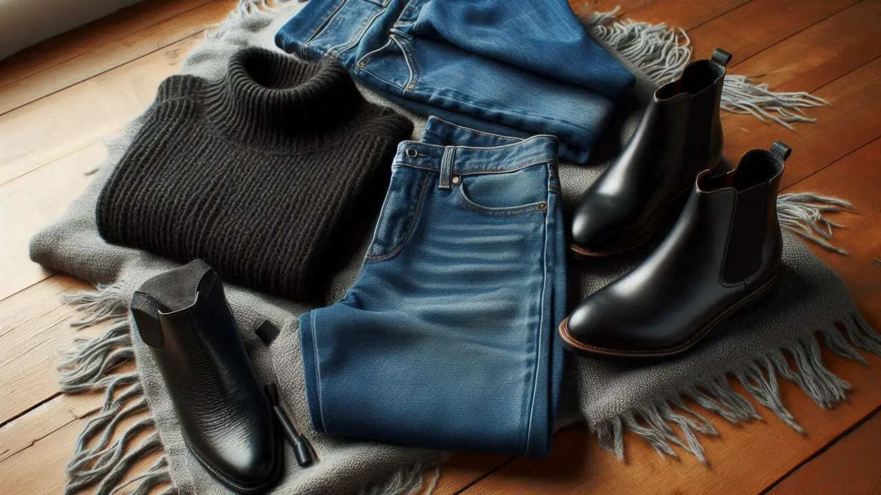 Blue Jeans, Black Turtleneck Sweater, Black Chelsea Boots