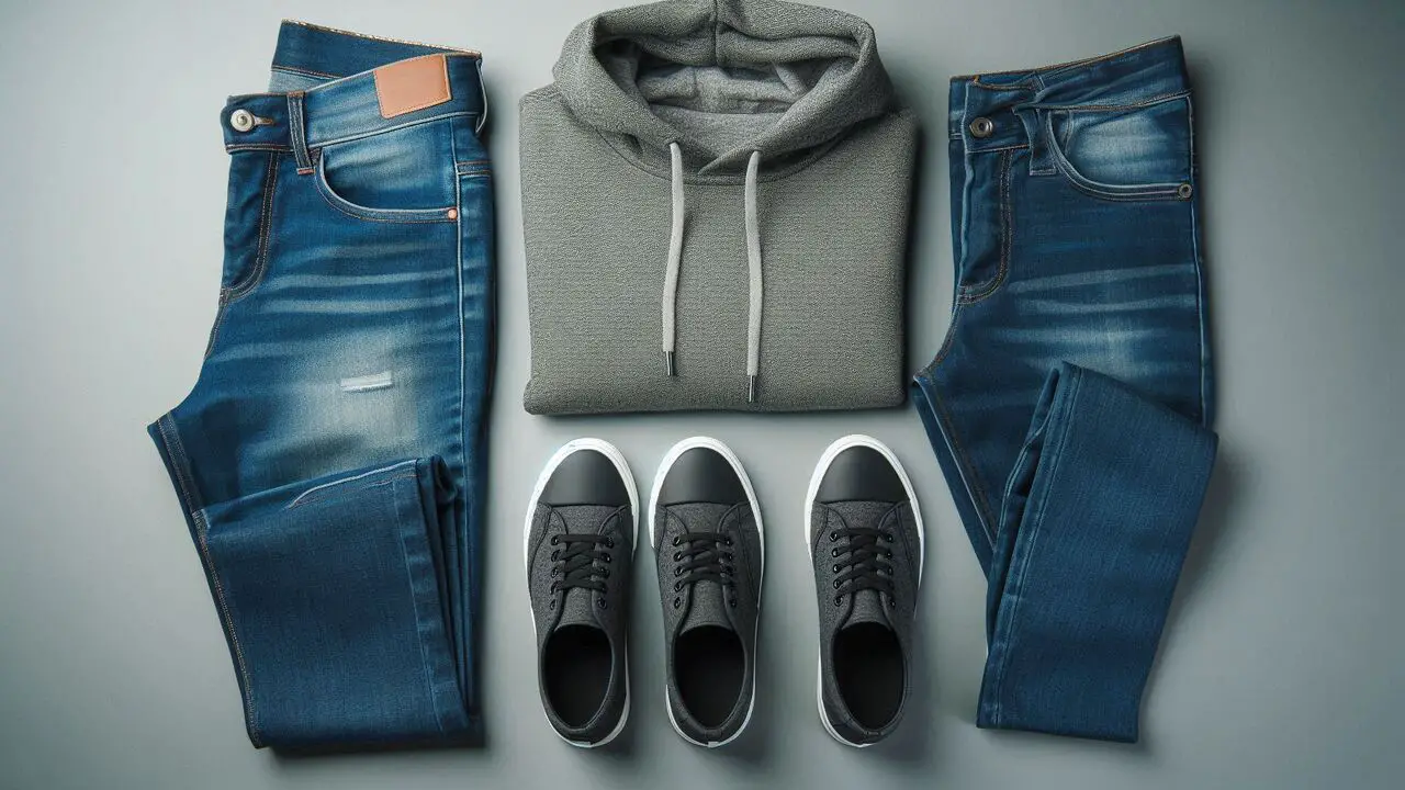 Blue Jeans, Grey Hoodie, Black Slip-On Shoes