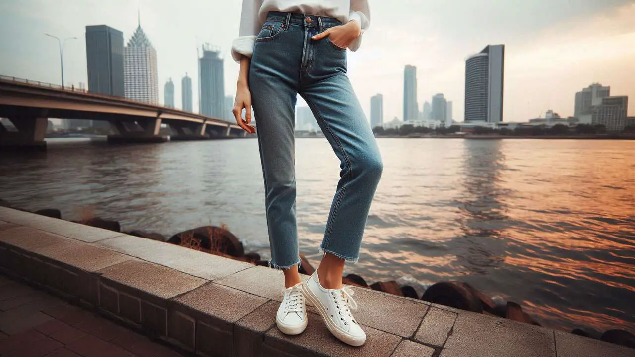 Bootcut Jeans + Classic White Sneakers + Tucked-In Blouse