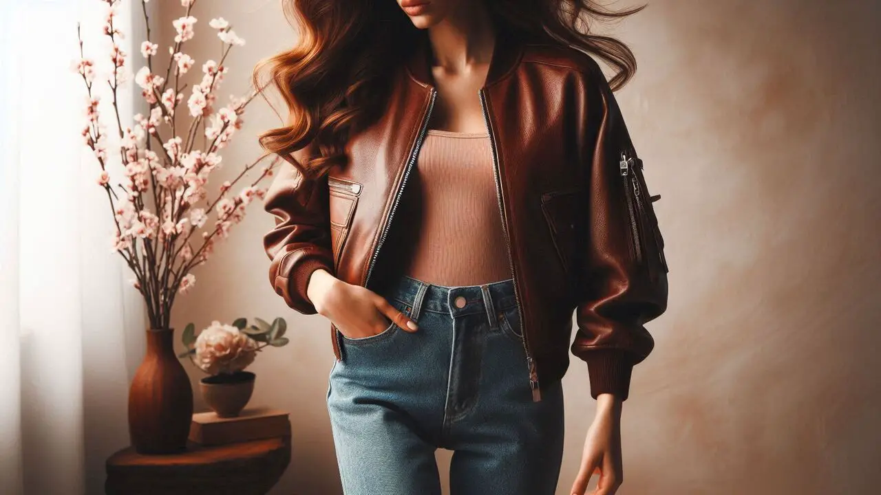 Brown Leather Bomber Jacket With Flare Jeans