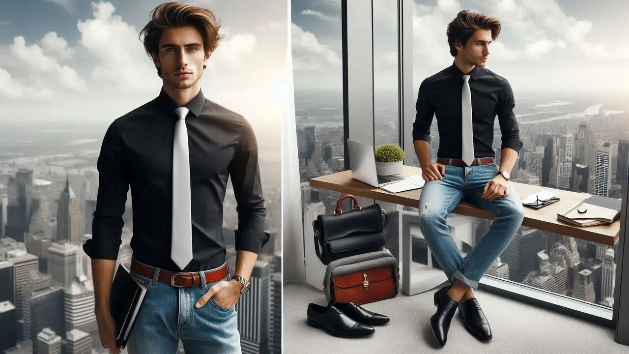 Business Casual Look - Black Shirt, Light Jeans, And Dress Shoes