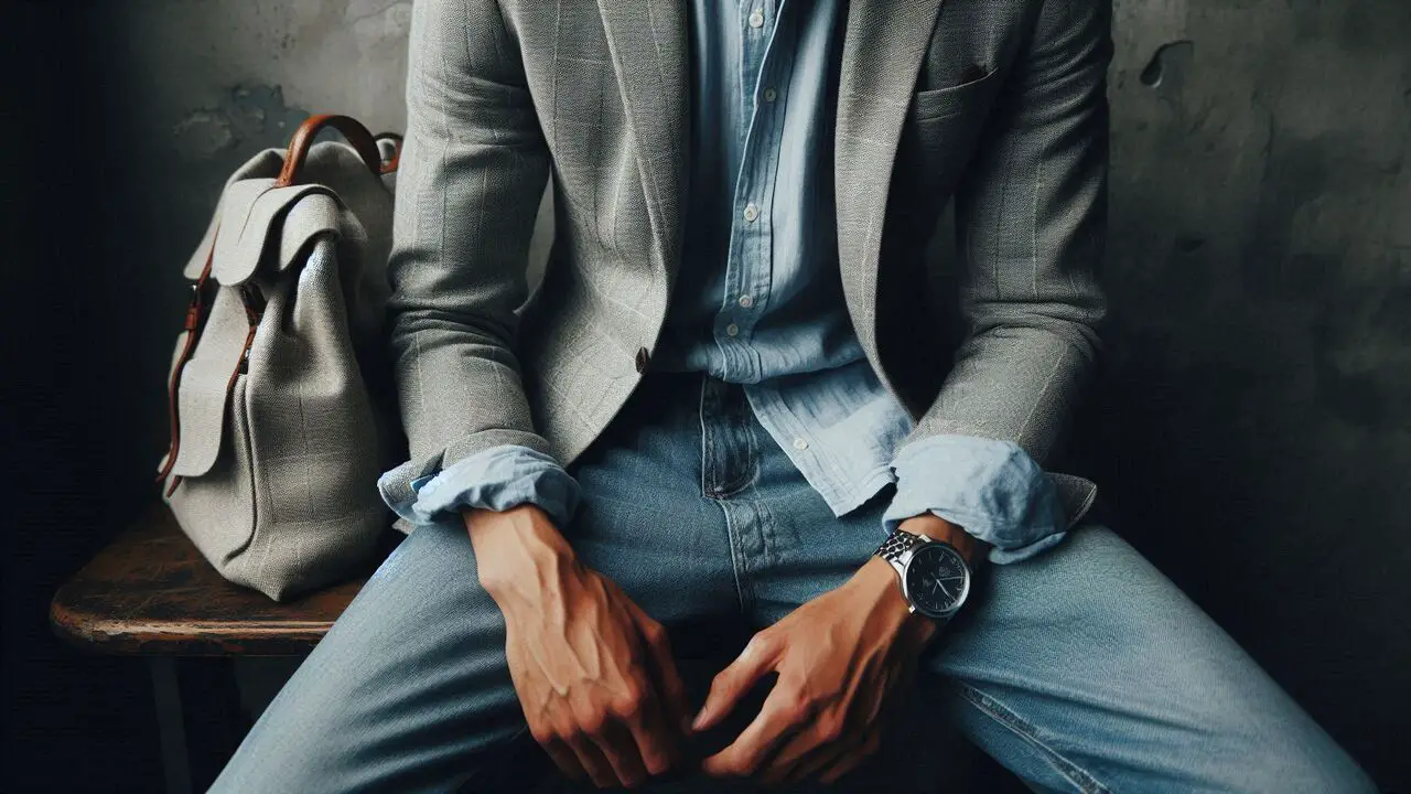 Button Down And Cotton Blazer With Tapered Jeans