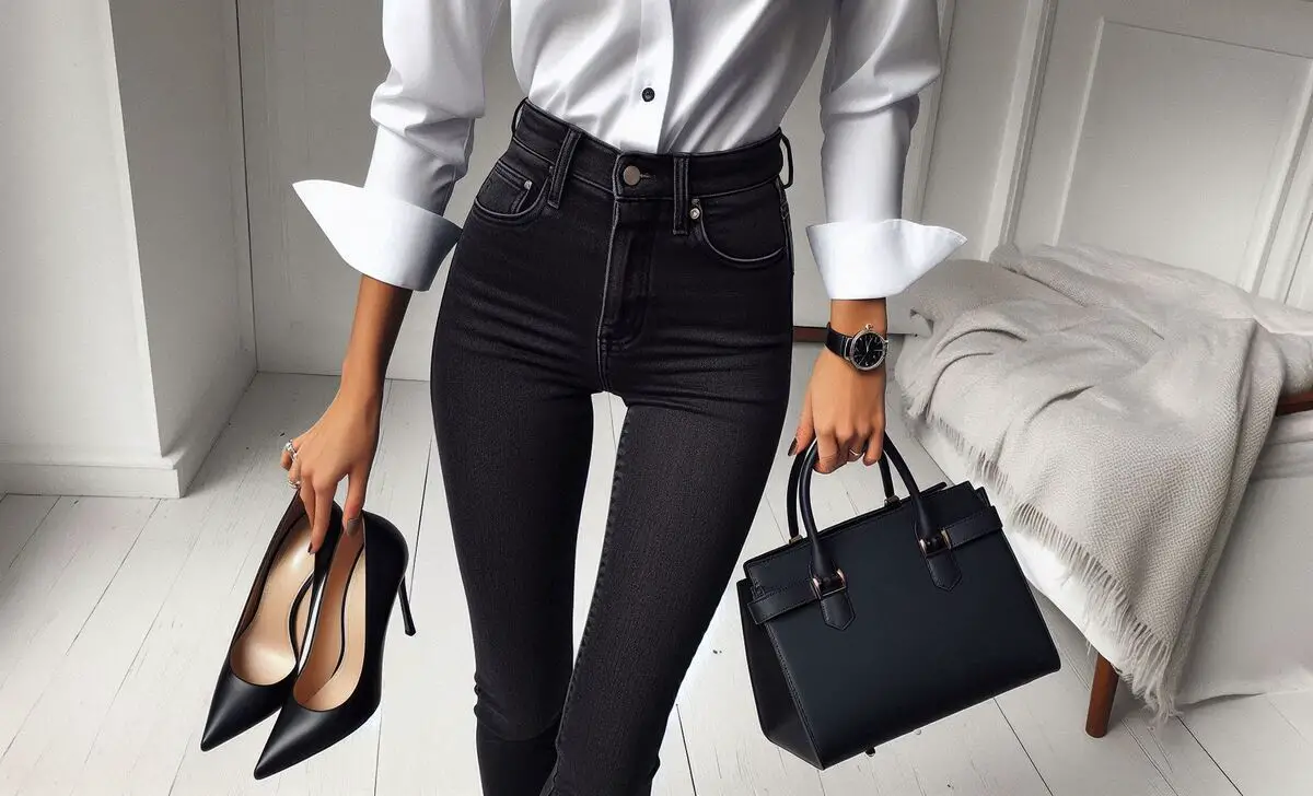 Button-Down Shirt (Tucked In) + Black Pointed-Toe Heels + Structured Handbag, Delicate Watch + Black Flare Jeans