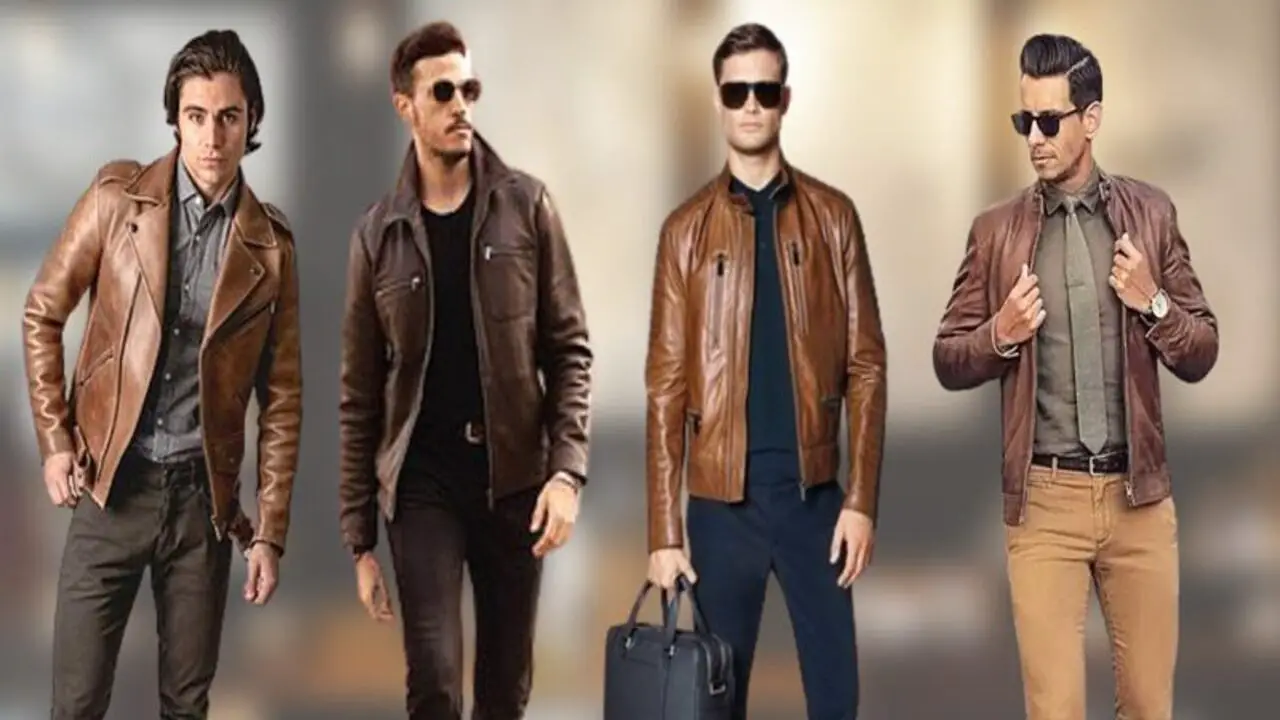 Chocolate Brown Leather Jacket With Light Grey Slim-Fit Trousers