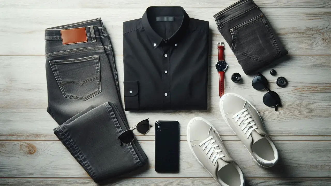 Classic Casual Look Black Shirt, Light Jeans, And Sneakers