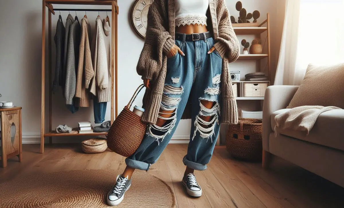 Cropped Cardigan With Baggy Ripped Jeans