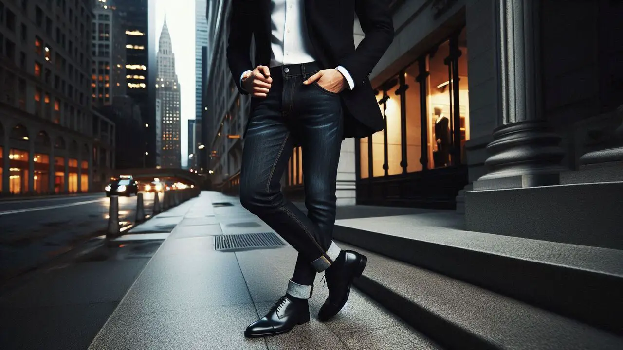 Dark Blue Jeans, Black Dress Shoes, White Dress Shirt, Black Blazer