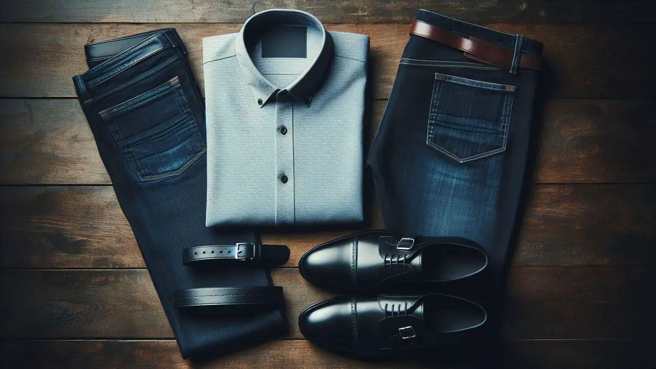 Dark Blue Jeans, Light Blue Dress Shirt, Black Monk Strap Shoes