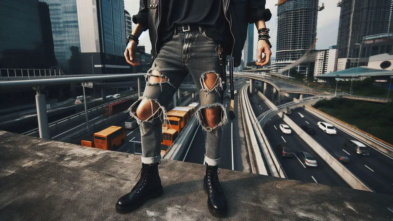 Edgy Style - Black Shirt, Ripped Light Jeans and Boots