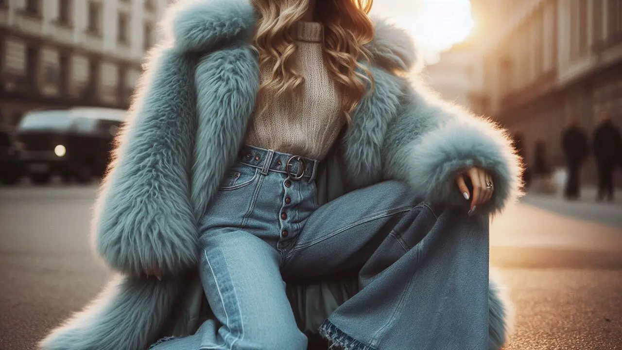 Flare Jeans With Light Blue Fur Coat