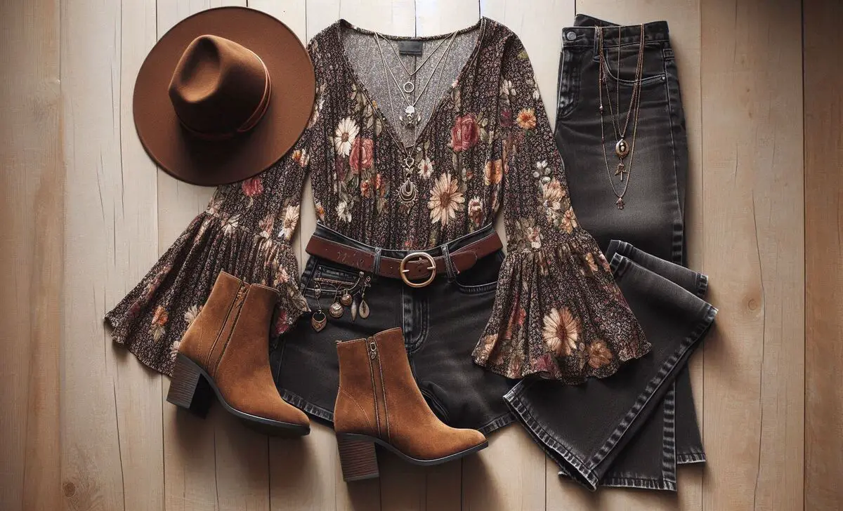 Floral Blouse + Brown Suede Ankle Boots + Wide-Brim Hat, Layered Necklaces + Black Flare Jeans