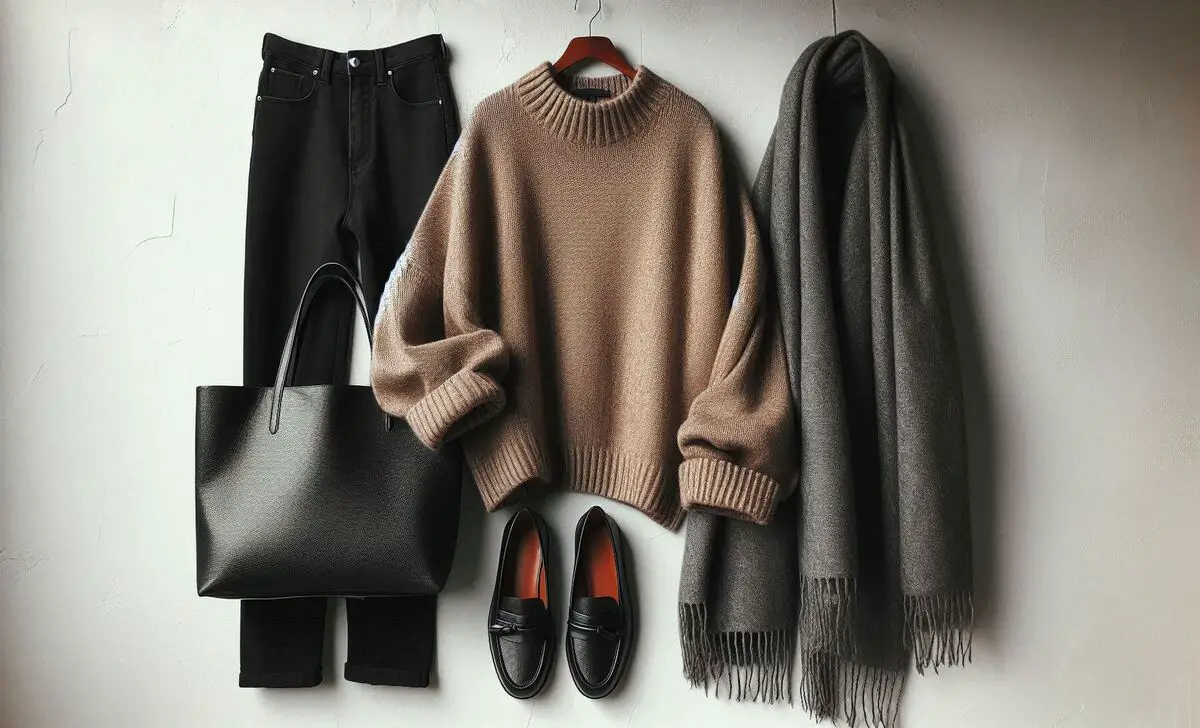 Oversized Sweater + Slip-On Loafers + Black Flare Jeans + Tote Bag, Scarf