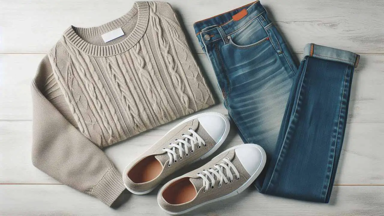 Plimsoll Sneakers + Lightweight sweater + Bootcut Jeans