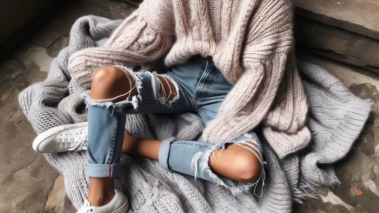 Ripped Denim Jeans With A Sweater