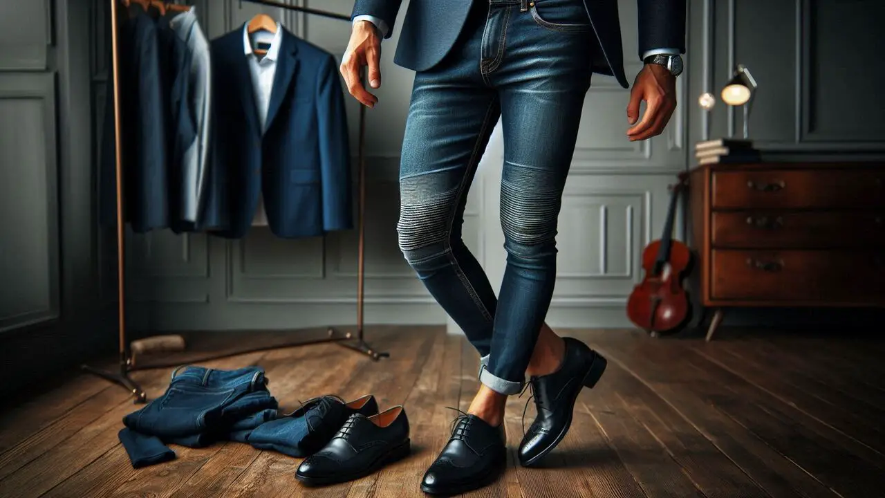 Slim-Fit Blue Jeans, Navy Blazer, Black Derby Shoes