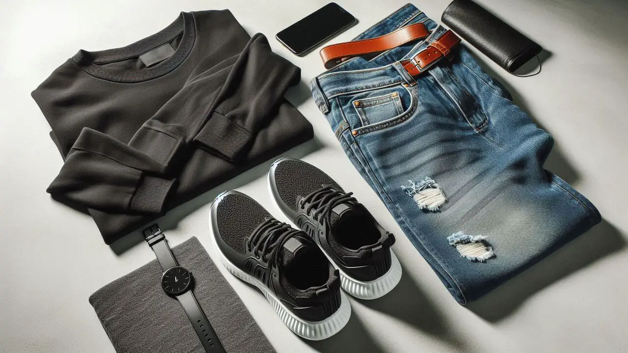 Sporty Attire - Black Shirt, Light Jeans, And Athletic Shoes