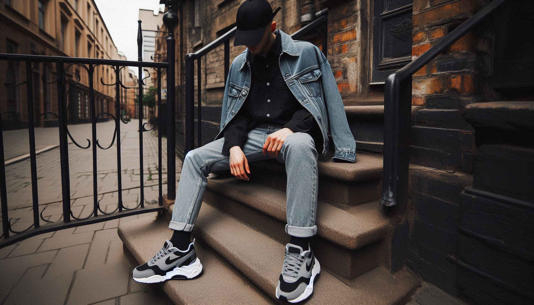 Streetwear-Inspired Ensemble Black Shirt, Light Jeans, and A Denim Jacket