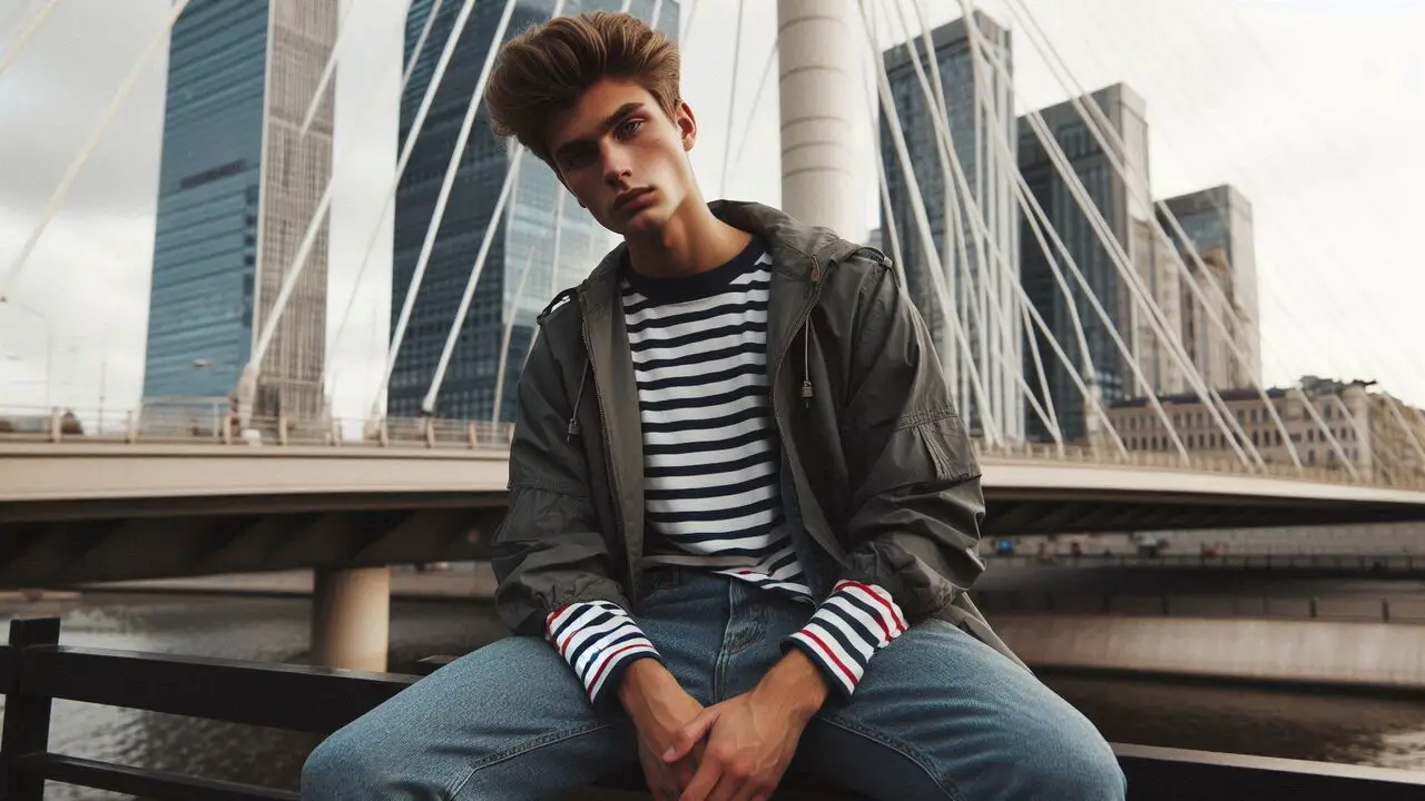 Striped Tee And Windbreaker With Tapered Jeans