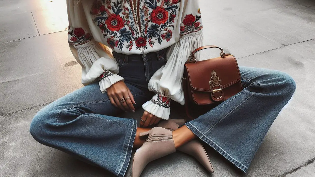 Style Flare Jeans With An Embroidered Blouse & Pointy Toe Booties