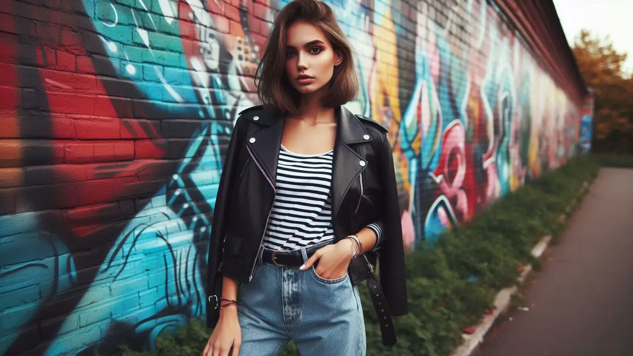 Styling With A Striped Top And A Leather Jacket For A Cool And Effortless Look