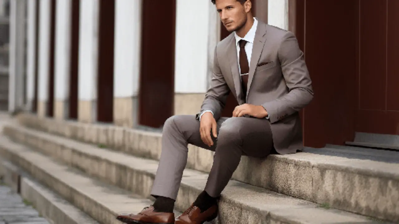 Tan Tweed Blazer with Charcoal Grey Dress Pants