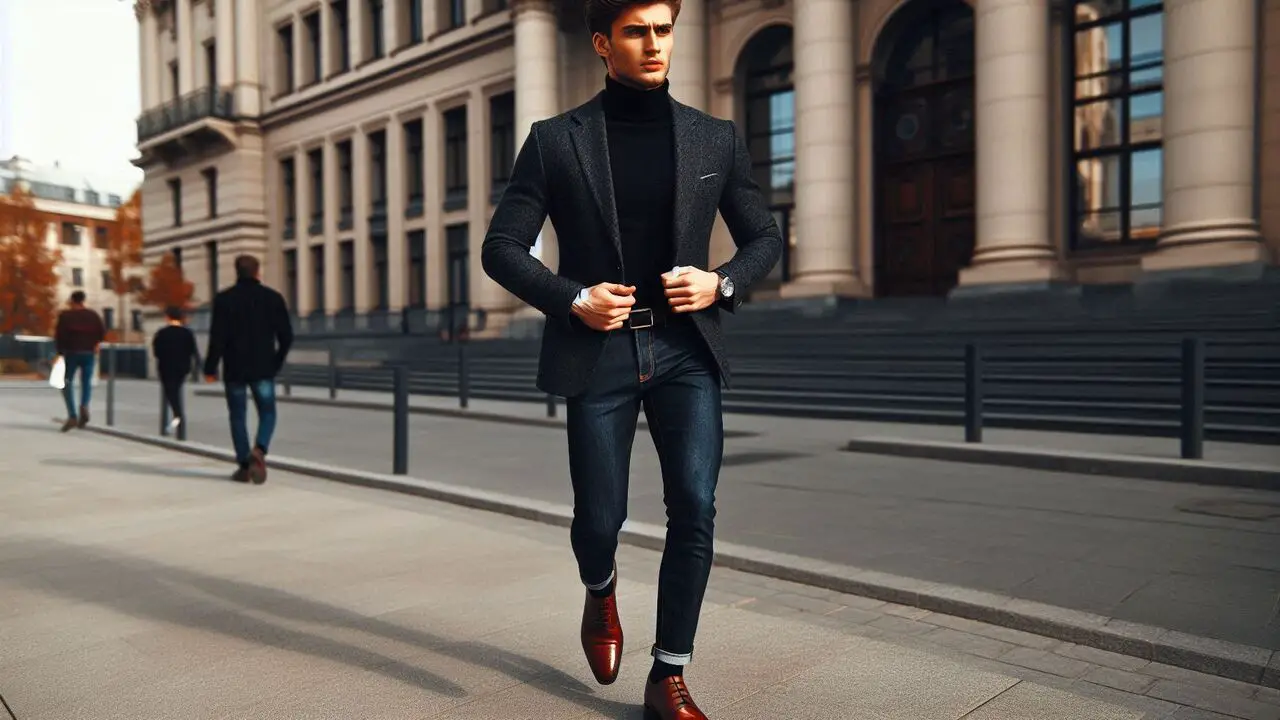 Turtleneck And Blazer With Tapered Jeans