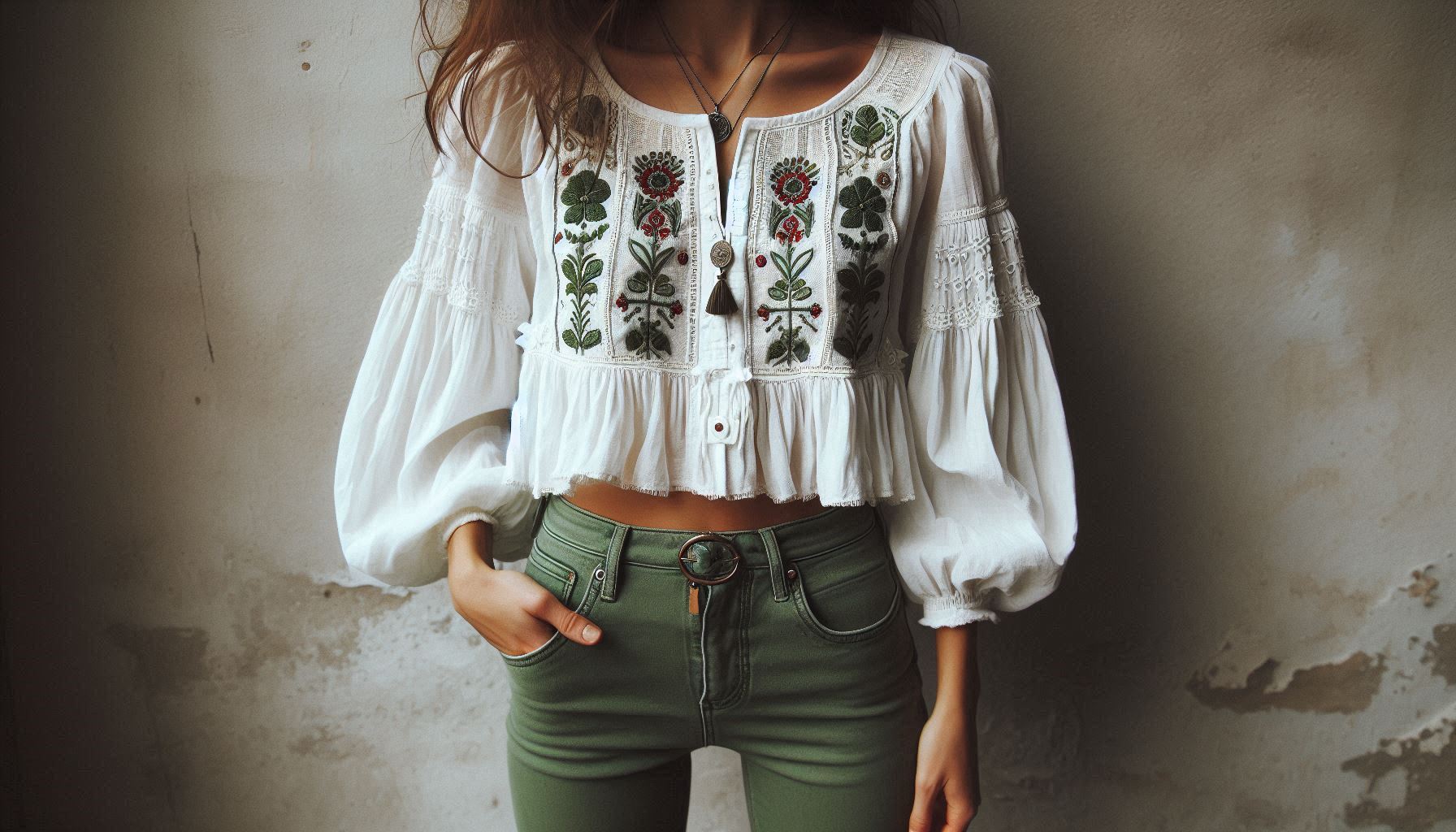 White Boho Blouse With Green Skinny Jeans