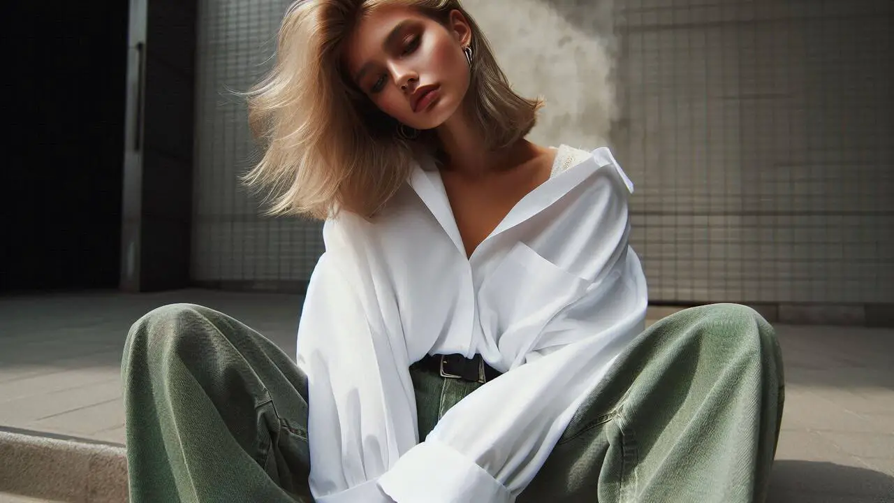 White Button Up Oversized Shirt With Green Jeans