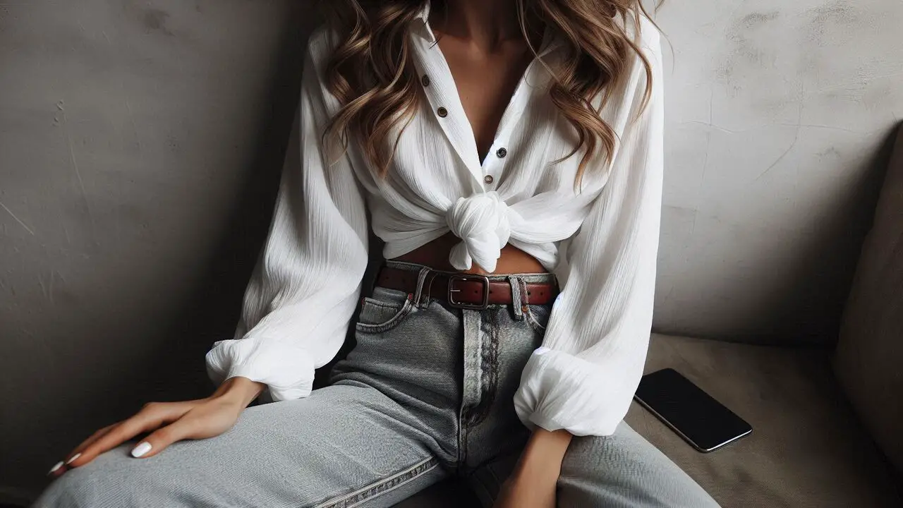 White Tucked-In Blouse With Stone-Washed Jeans