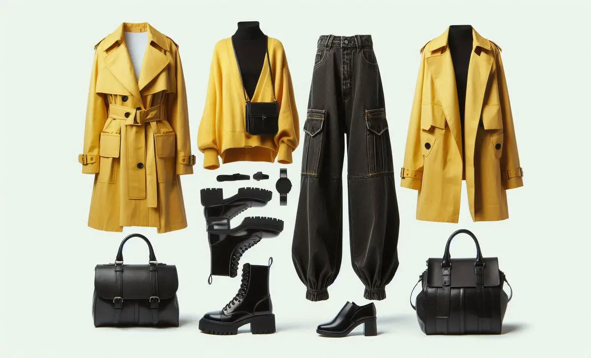 Yellow Trench Coat With Black Baggy Jeans